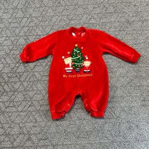 VTG Baby Red Velvet Velour My First Christmas Bear‎ Tree Holiday Pajamas Romper